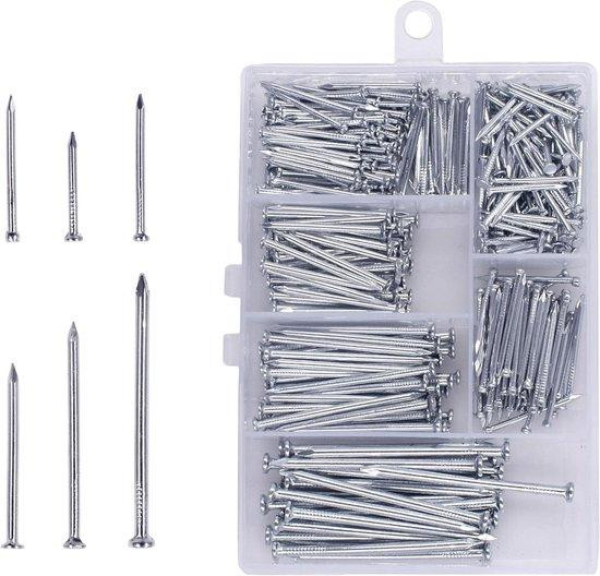 Spijkerset met 386 stuks in zilverkleurige opbergdoos - Verzinkte stalen nagels en houtschroeven tot 5 cm