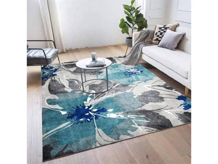 Tapis Moderne Famille Décorations Encre Abstraite Gris Bleu - Grande Fleur - Design Scandinavie - 120x160cm