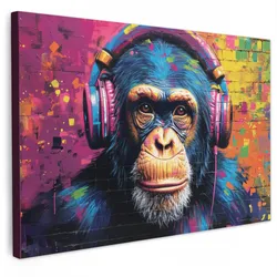 LEINWANDBILD Graffiti - Schimpanse - Straßenkunst - Kopfhörer - Affe Groß 140x90 cm