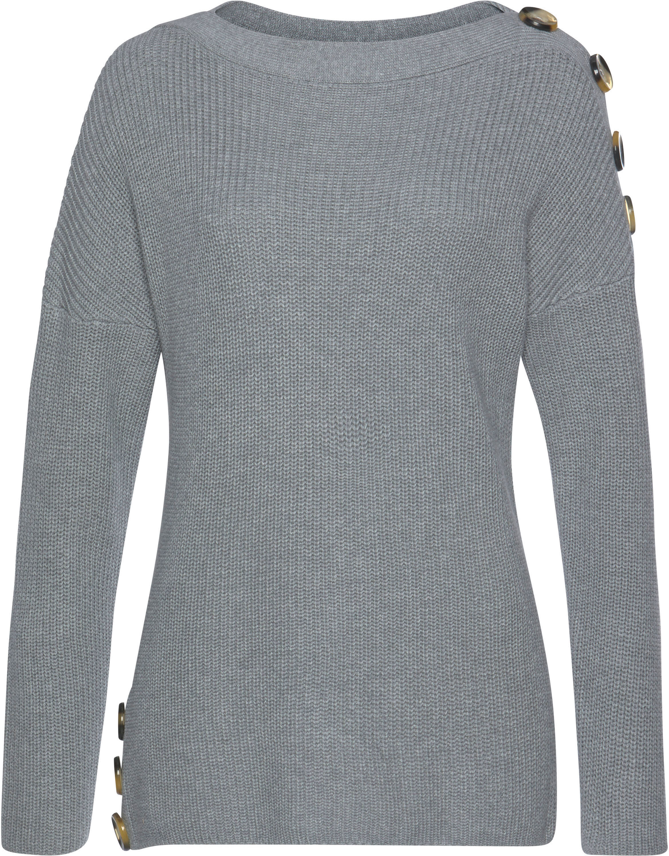 Strickpullover LASCANA "mit Knöpfen im Off-Shoulder-Style", Damen, Gr. 44/46, grau (hellgrau, meliert), Strick, Obermaterial: 60% Baumwolle, 40% Polyacryl, figurumspielend Po-bedeckend, U-Boot-Ausschnitt, Pullover Strickpullover, Off-Shoulder Pullover, Lo