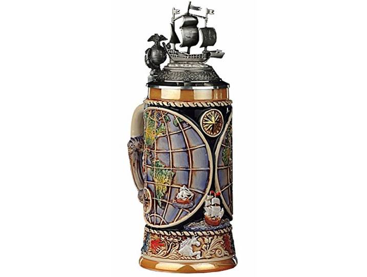 KING Bierkrug Weltkugel-Seidel, die vier Elemente am Fuss, Schiffdeckel 0,5 Liter Bierseidel