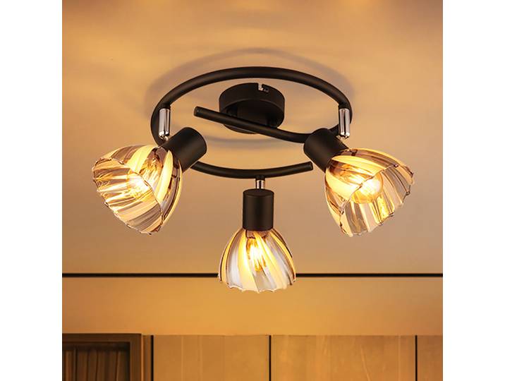 Deckenleuchte Rund Ø 46cm Schwarz/Schwarz Eisen / Chrom, lackiert Farbglas Satiniertes Glas E14