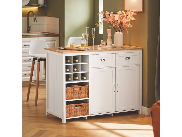 SoBuy KNL05-W Îlot de cuisine avec 2 paniers en rotin Armoire de cuisine Commode Armoire Sideboard Table de bar Buffet Blanc