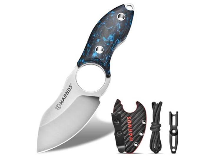 Harnds Feststehendes Messer Klein Neck Knife Full Tang Messer Campingmesser, EDC Messer mit N690 Stahl und Kohlefaser Griff zum Fischen und Häuten, Eggplant