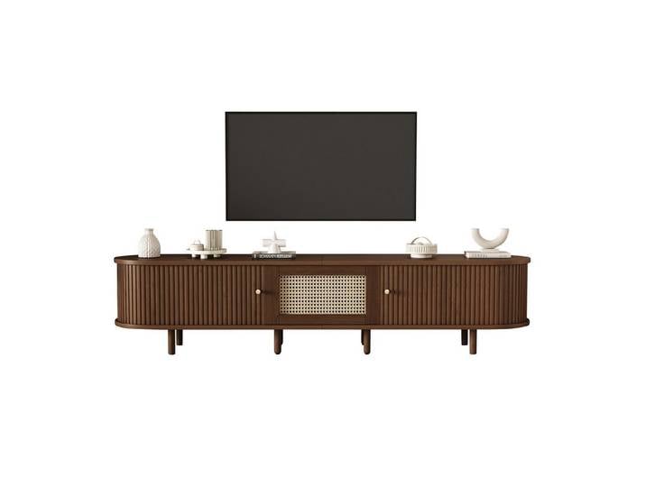 Merax Lowboard Ovaler TV-Schrank mit goldenen Griffen & Rattan-Design in Walnuss (1 St., 180x40x40 cm), TV-Lowboard mit Schublade Schiebetüren & verstellbaren Massivholzfüßen