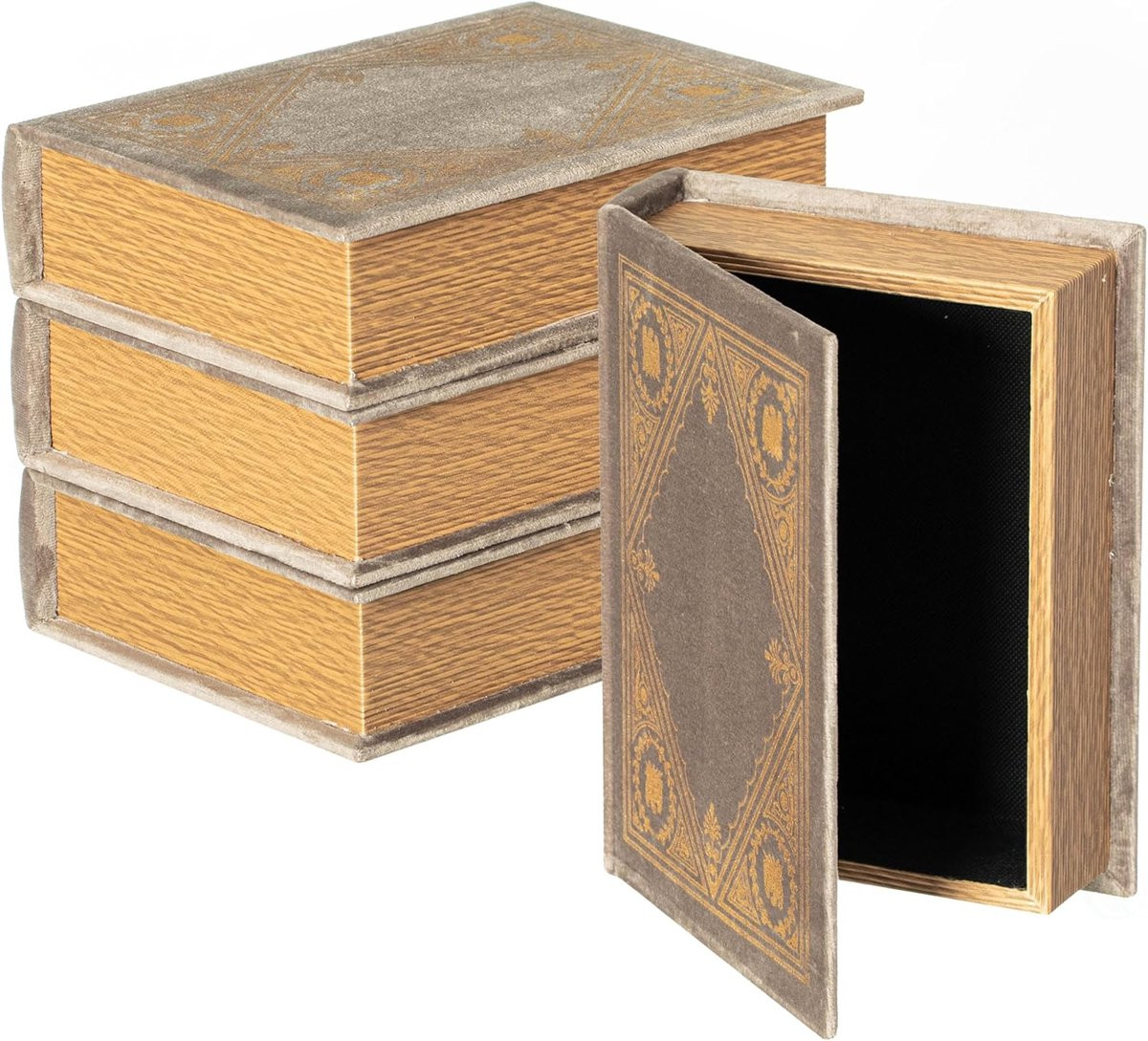 Set van 4 decoratieve vintage boekvormige opbergbakken in taupe voor sieraden en decoratie