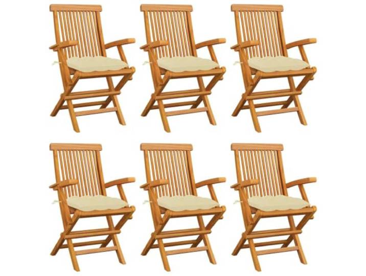 HPUYRFG 6er Set Klappstühle aus Massivholz Teakholz mit Cremeweißen Kissen Teakholz massiv, klappbar, 110 kg belastbar, pflegeleichte Oberfläche, dick gepolsterte Kissen