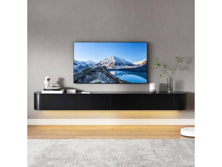SZKTHD Schwebendes TV-Möbel Zur Wandmontage Verfügt über eine seitlich zu öffnende Tür für Stauraum und eine Kabeleinführung. TV-Medienkonsole(Black-A,200*20*30cm)