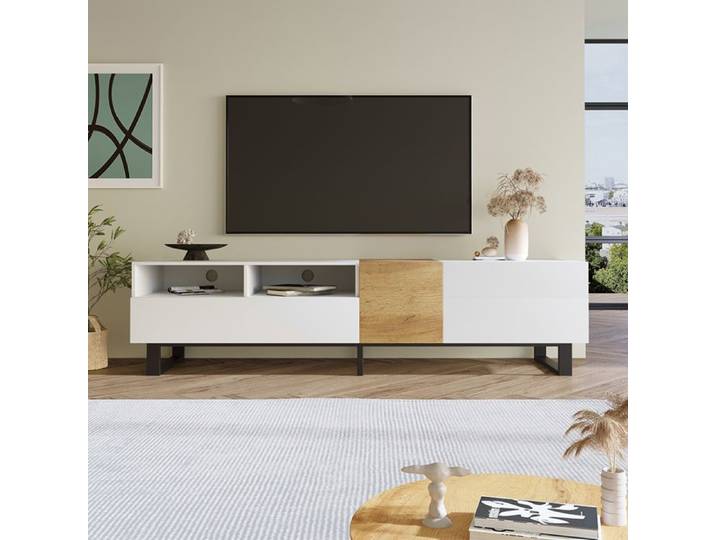 Meuble TV - GUTENT - 180x50x38 cm - Blanc - Design contemporain - Rangement polyvalent