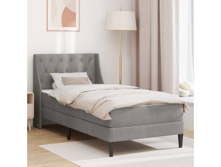 KTHLBRH Bettgestell mit Matratze Hellgrau 90x190 cm Samt Samtbezug, fleckenresistent, Schaumstoffmatratze, Lattenrost, Kunststoffbeine, moderne Optik