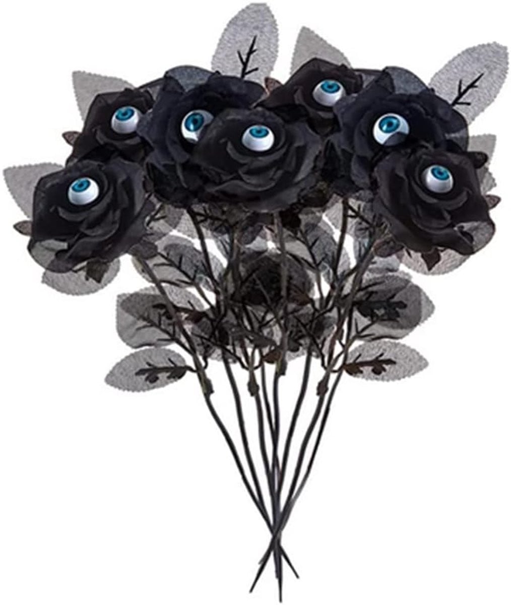 10 stuks Zwarte Kunstmatige Rozen met Oogbollen - Nep Zijden Rozen Boeket voor Halloween Decoratie