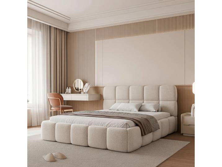 Polsterbett CERETTO 140x200 Creme Boucle mit Bettkasten & Lattenrost