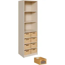 Korpus-Regal mit Materialkästen und offenen Fächern