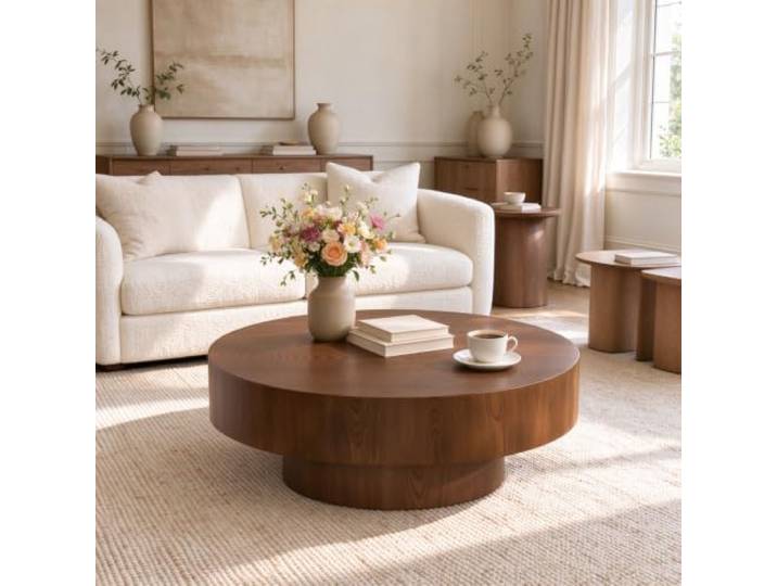 JHKZUDG Runder Couchtisch, Moderner Couchtisch Aus Holz, Walnuss Mid-Century-Teetisch Mit Stabilem Säulenfuß – Beistelltisch Im Trommel-Design Für Wohnzimmer, Kleine Räume Und Apartments