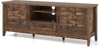 Costway Farmhouse TV Stand for 65 Inch TVs with 2 Woven Accent Doors and 3 Adjustable Shelves-Rustic Brown