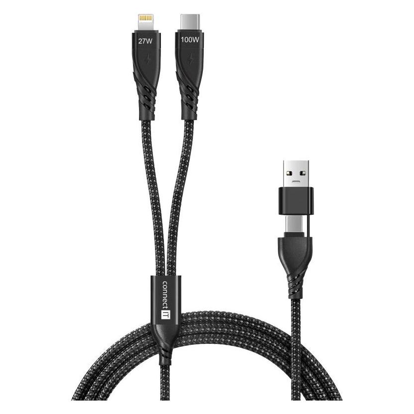 Connect IT Nabíjecí kabel Wirez 4v1, USB-C/USB, Lightning/USB-C, 1.25m, černá (1.25 m) (CCA-2310-BK)