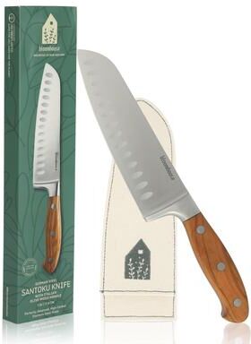 Bloomhouse 7 Inch German Steel Santoku Knife W/ Italian Olive Wood Forged Handle