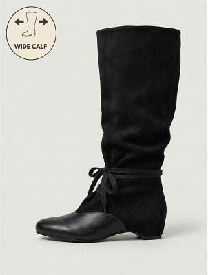 LightInthebox Women's Brown Wide Calf Knee-High Boots, Hidden-Wedge Slouchy Tall Boots with Wraparound Lace Detail and Lifted Comfort Fit, Vintage Casual Style for Travel, Country Town Strolls Everyday Wear