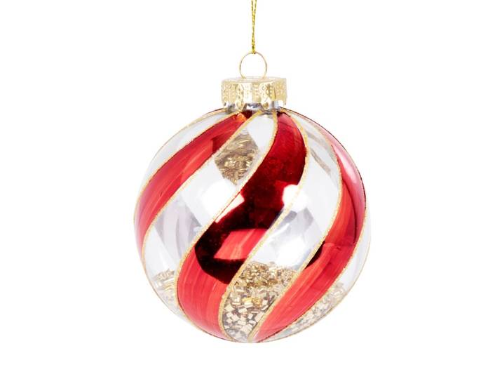 Christbaumkugel mit „Diabolo-Optik“ aus Glas mit Pailletten im Inneren, transparent, rot und gold