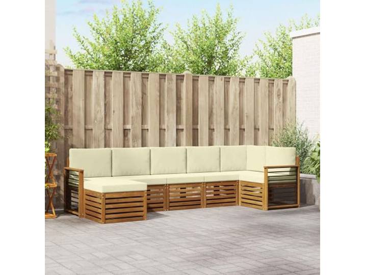 RJPLMFV Ecksofa-Set, Akazie, 7-teilig, Natur Langlebiges Massivholz, modulares Design, cremefarbene Kissen, pflegeleicht