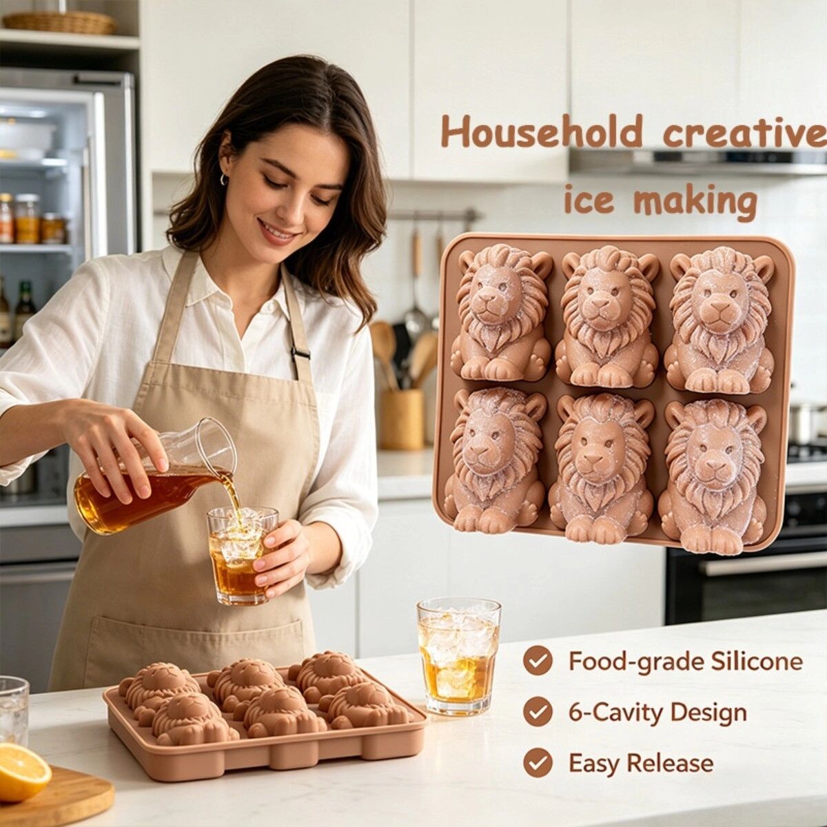 INF (Lot de 2) Moules à glaçons lion en silicone - Silicone alimentaire, bac souple réutilisable pour glaçons et desserts Gris