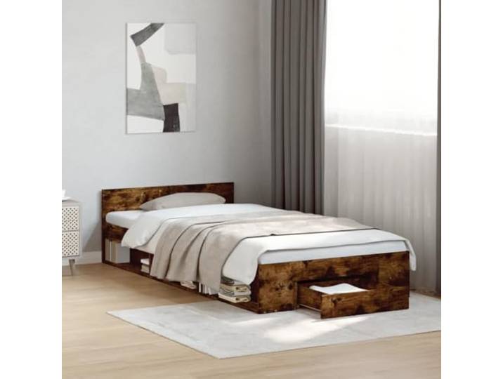 RJPLMFV Bettgestell mit Schublade, 90 x 200 cm, Raucheiche Ohne Matratze, nachhaltiges Ingenieurholz, inkl. Latten, seitliche Aufbewahrung