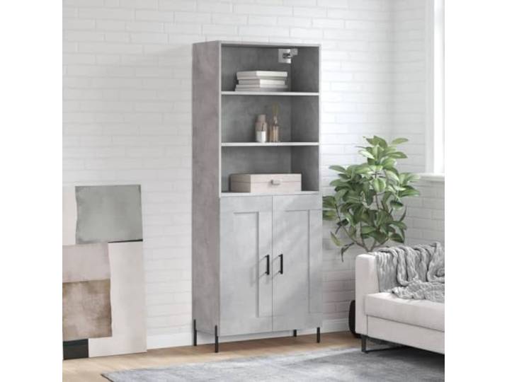 Betongraues Highboard 69,5x34x180 cm: Stabiles Highboard mit Wandhalterung, Elegantes mit Schließtüren, aus Holzwerkstoff mit Metallfüßen fürs Wohnzimmer