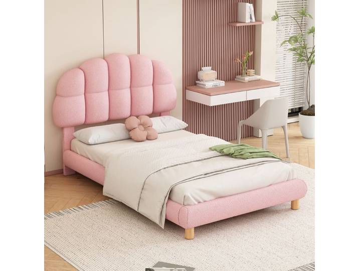 Lit capitonné 90x200 rose avec dossier semi-circulaire hauteur réglable et sommier
