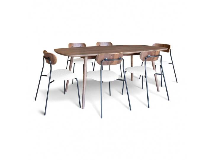 Ensemble table rectangulaire effet bois et 6 chaises écru