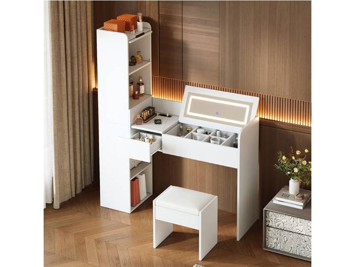 VUENOR Coiffeuse 131x40x160 cm blanc – miroir LED rabattable port USB intégré et tabouret