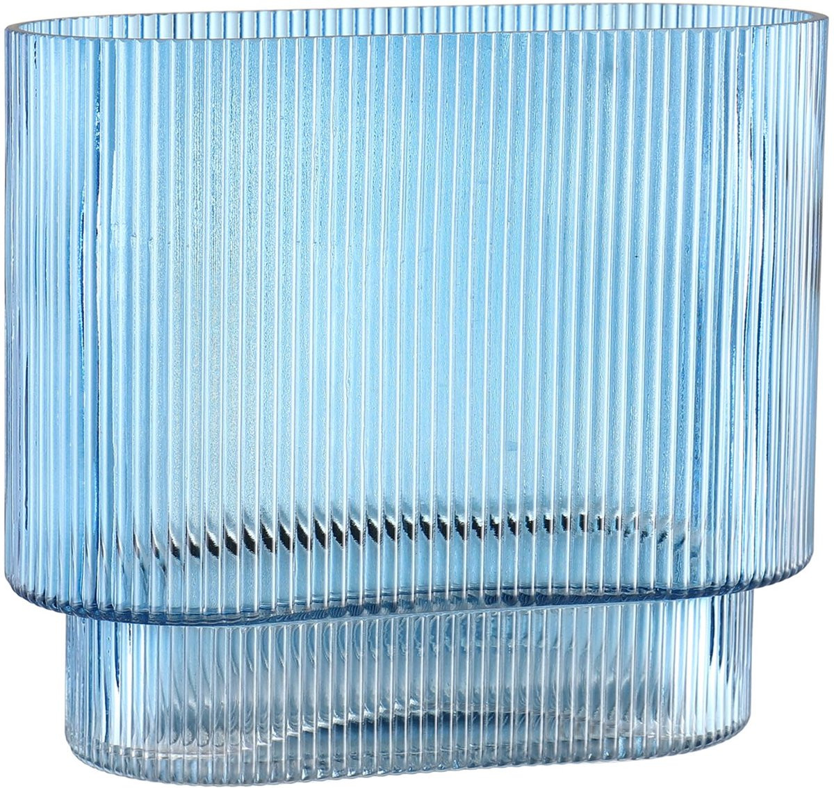 SnelShoppen Geribbelde Glazen Vaas in Blauw, Hoogte: 18 cm