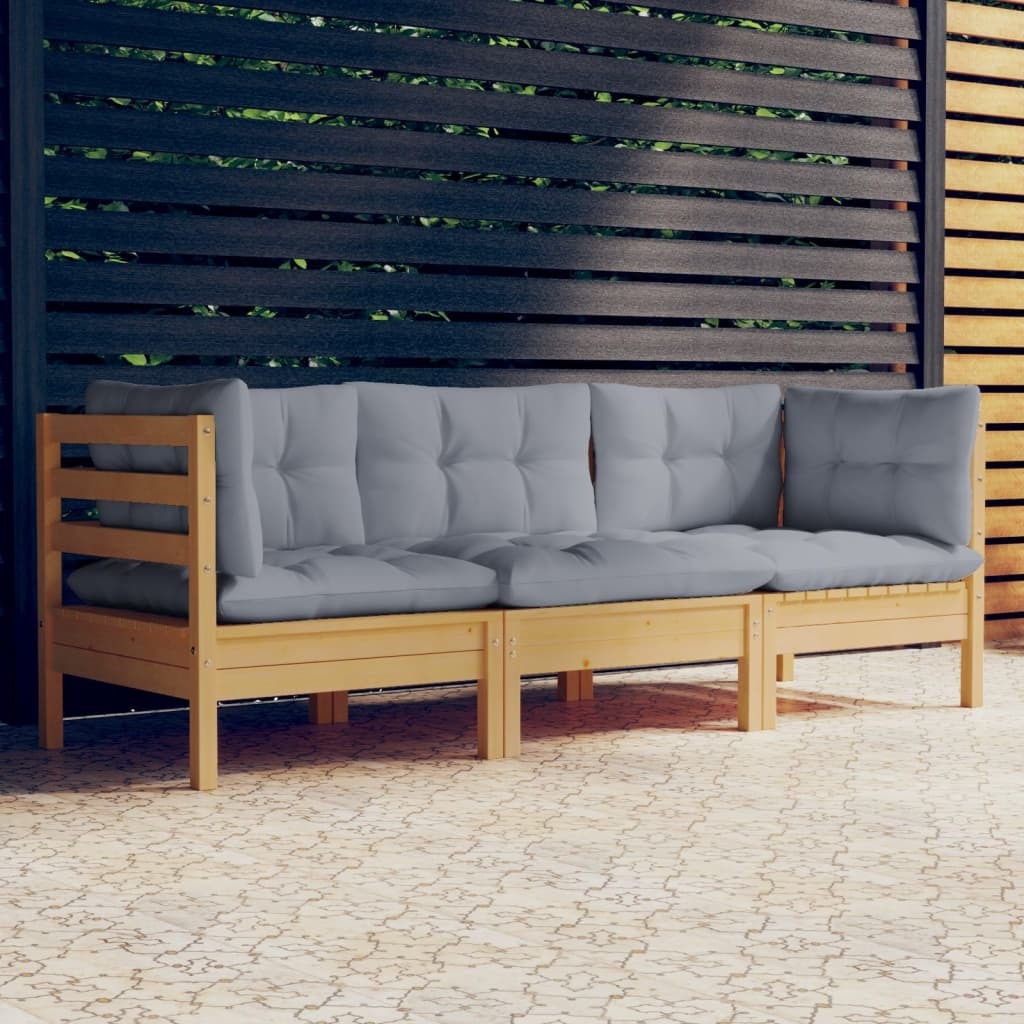 The Living Store 3-Sitzer-Gartensofa mit Grauen Kissen Massivholz Kiefer
