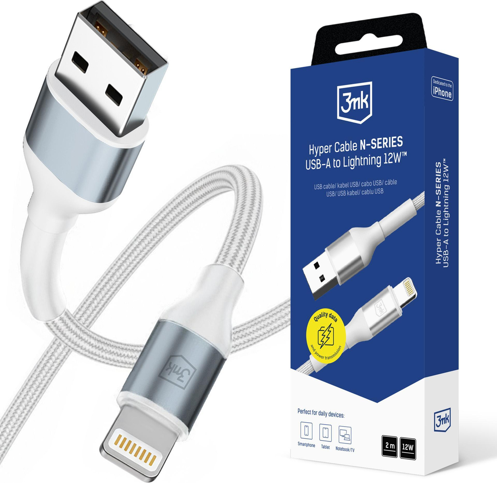 3Mk Hyper Kabel N-Serie Type A naar Lightning, 2 meter, QC 3.0, 12W, wit