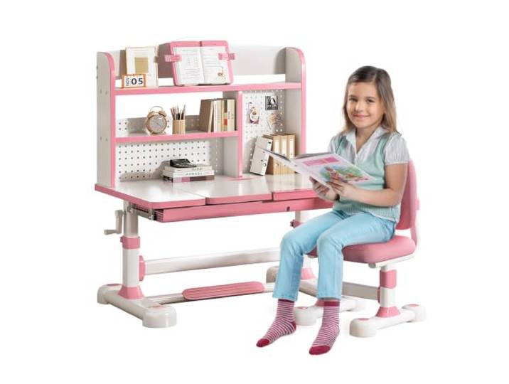 Kinderschreibtisch mit Stuhl, höhenverstellbar & ergonomisch Robuster Eisenrahmen, höhenverstellbare Platte für Kinder 3-12 Jahre, stabil für Lernen Pink