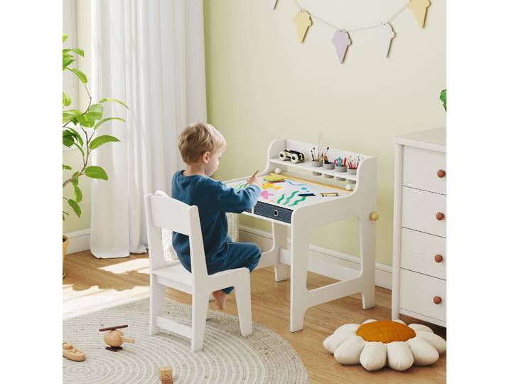 AIYAPLAY Bureau Enfant Blanc avec Chaise et 2 Tiroirs