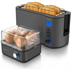 Arendo Frühstücks Set, 4-Scheiben Langschlitz Toaster mit Brötchenaufsatz & Eierkocher für 8 Eier, Grau, Toaster, Grau