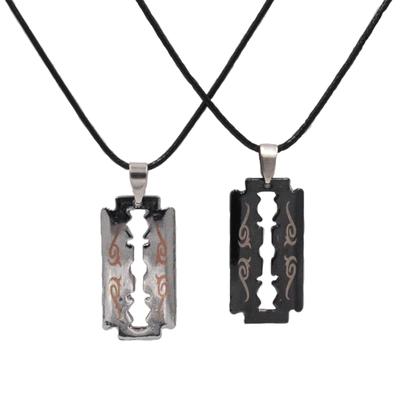Partnerkette STEUER "Set Freundschaft Kette Partner Rasierklinge schwarz silberfarben", schwarz, Halsketten, Damen, 50cm, Metall, L: 50 B: 2mm, glänzend, Partnerkette, B:2mm