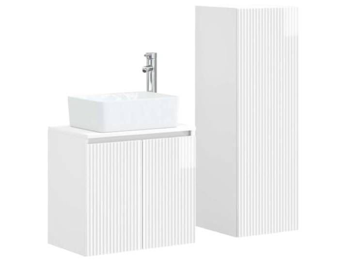 Badezimmermöbel-Set 2-teilig weiß glänzend, Waschtisch und Wandschrank Holztechnik, reversible Tür, Waschbecken und Wasserhahn inklusive, Löcher anpassbar, 2 Einlegeböden