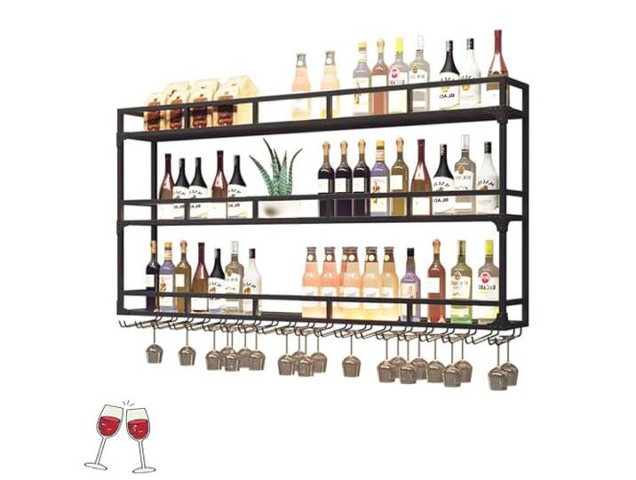WXZXWXZX Weinregal Wand Metall Flaschenregal Schmal Wine Rack Bar Regal Wand Weinschrank Hausbar Barschrank Weinständer Getränke Regal mit Weinglashalter Vitrine Hängend für Bartheke Wohnzimmer(Nero,