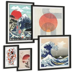 BILDER SET 5er Set - 50x50 cm & 20x30 cm & 40x60 cm Schwarzer Rahmen - Illustrationen von Fischbergen, die sich in Japan ausbreiten