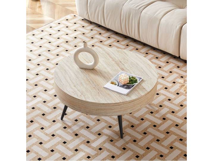 MEULVA Table basse ronde 70 cm effet travertin clair plateau MDF et pieds en métal noir