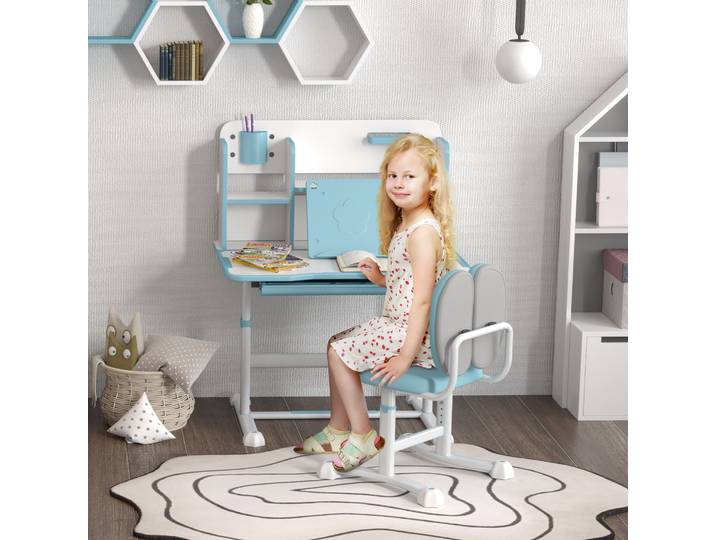 AIYAPLAY Bureau Enfant Réglable avec Chaise, Tiroir, Bleu