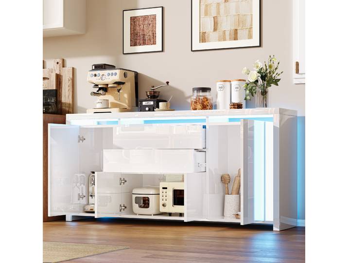 Rosahqnda Buffet minimaliste nordique, buffet moderne à haute brillance avec LED, tiroirs et portes de rangement, pour salon/Kicthen