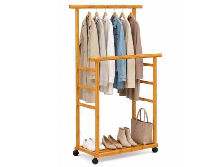 Relaxdays Portant à roulettes en bambou\, 2 tringles\, étagère à chaussures\, 148 x 80 x 36 cm\, naturel\, pour entrée et dre