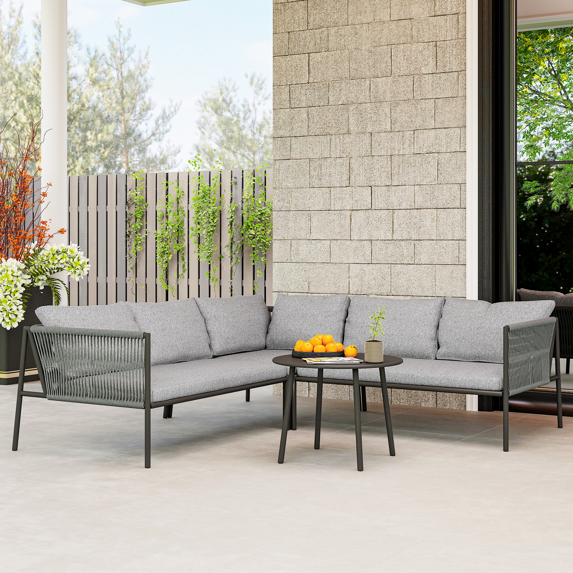 Outsunny Salotto da Giardino in Rattan con Divano Angolare Modulabile, Tavolino da Caffè e Cuscini, Grigio