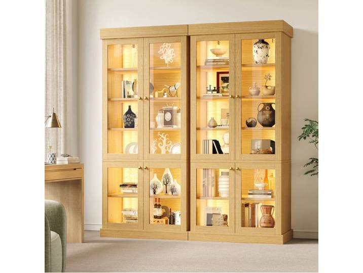 VUENOR Vitrine 160x40x180 cm bois naturel – verre LED intégrée anti-basculement