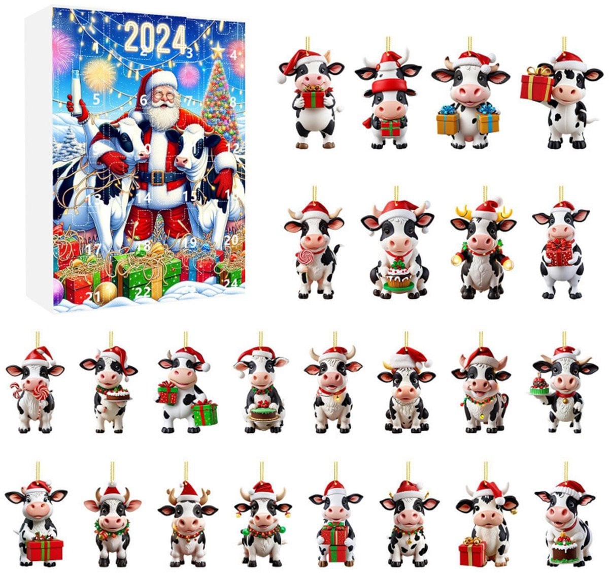 Kerstkalender 2024 met melkkoe – Adventkalender met 2D acryl ornamenten voor kinderen, tieners en volwassenen