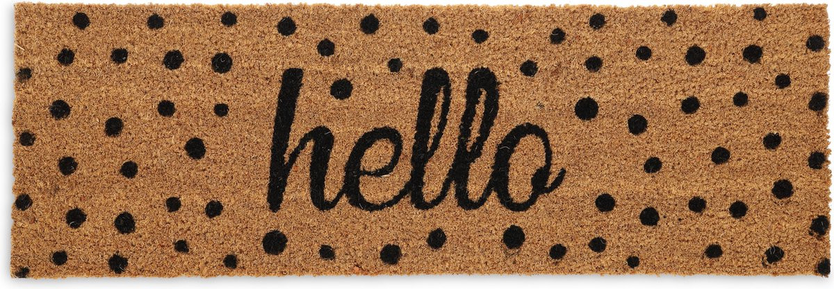 Relaxdays Deurmat Hello met bolletjes, Kokosmat voor binnen en buiten, 75 x 25 cm