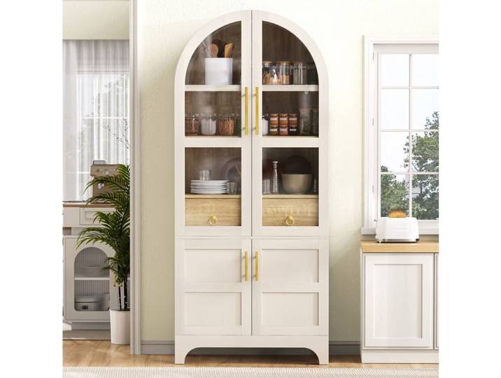 ULEVR Buffet de cuisine haut 76 x 40 x 180 cm blanc 4 portes vitrées 2 tiroirs étagères réglables