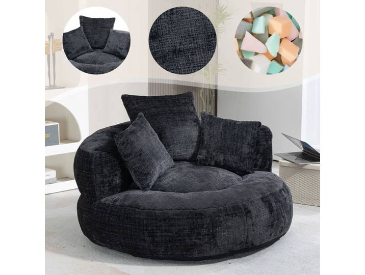 Fauteuil poire - Lazy Sofa - Chenille noire - Dossier haut - Trois coussins